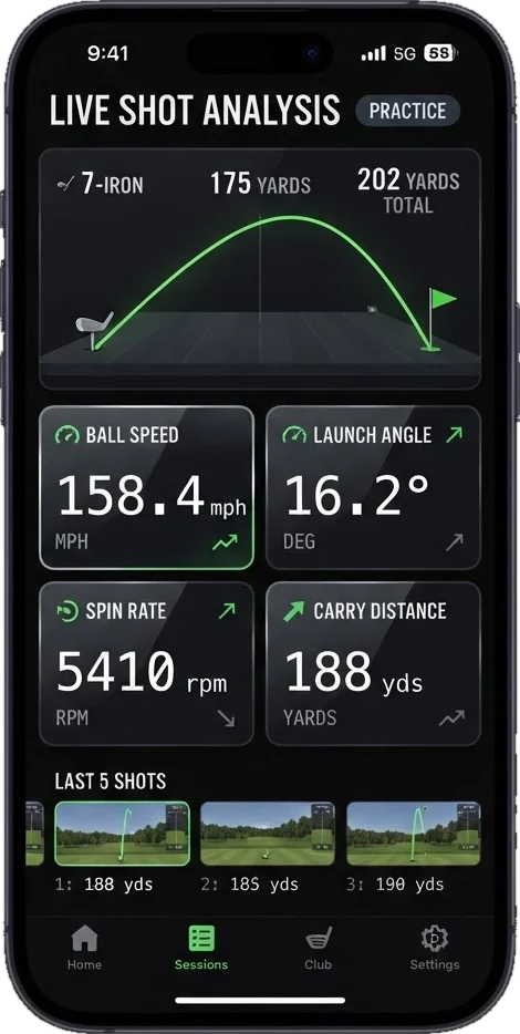 ShotSensor app showing live shot analysis on iPhone: ball speed, launch angle, spin rate and carry distance.